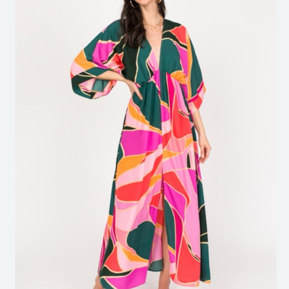 Vici Dresses & Skirts - Vici Pink and Green Abstract Kimono Maxi Dress